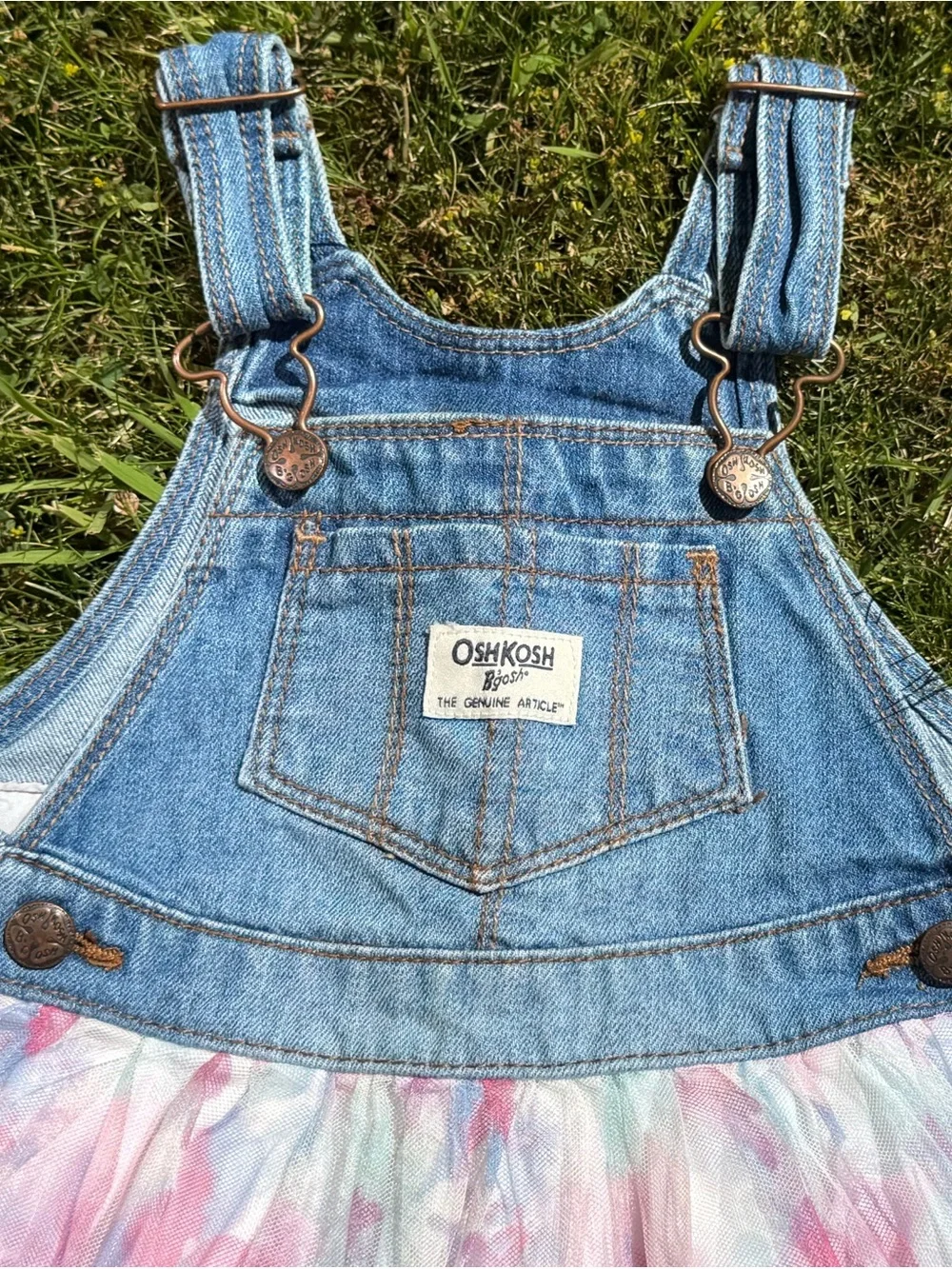 OshKosh B’gosh Denim Floral Tulle Overall Dress Toddler Girls 18 Months